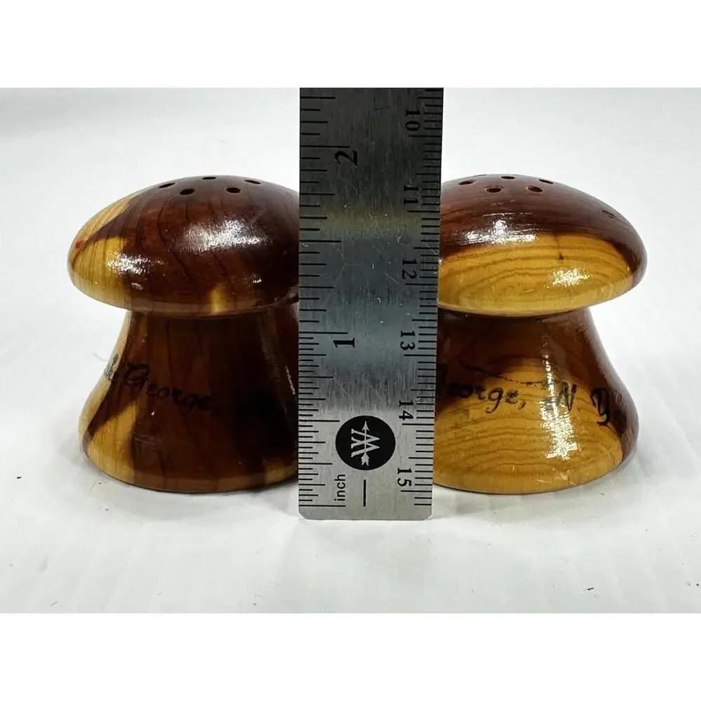 Vintage Souvenir Mid Century Mod Wood Mushroom Salt Pepper Shaker Lake George NY